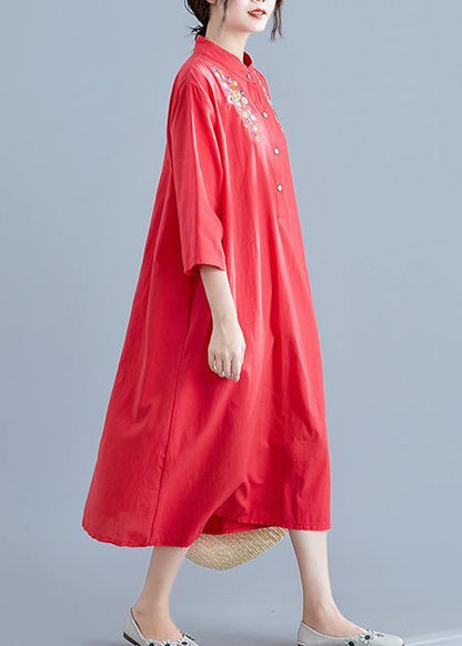 Elegant stand collar pockets cotton tunics for women Work Outfits red embroidery Maxi Dresses summer