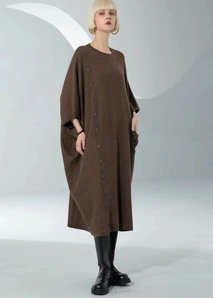 Boutique Coffee O-Neck Patchwork Button Long Wool Knit Dress Bracelet Sleeve
