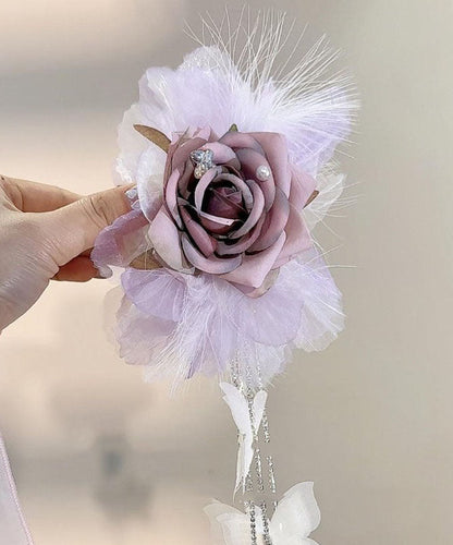 Stylish Pink Fabric Zircon Floral Butterfly Tassel Hairpin