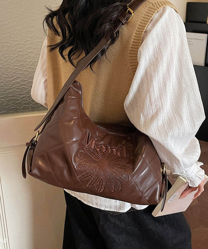 Classy Brown Embroidered Flower Letter Faux Leather Messenger Bag