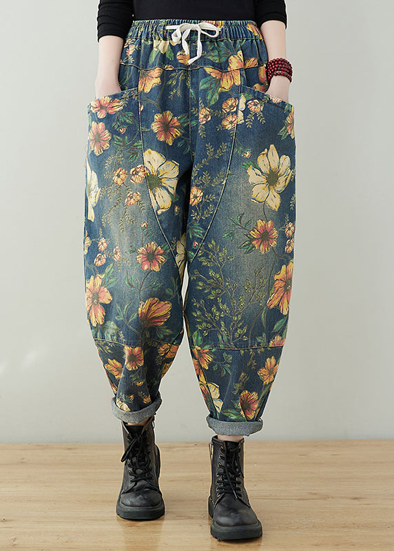 French Navy elastic waist drawstring pockets Print Denim Pants