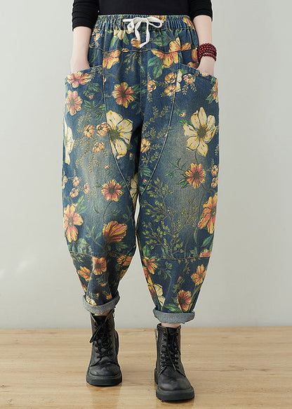 French Navy elastic waist drawstring pockets Print Denim Pants