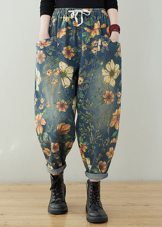 French Navy elastic waist drawstring pockets Print Denim Pants
