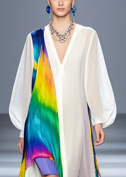 Chic White Oversized Patchwork Chiffon Beach Dress Spring