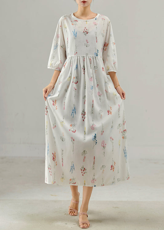 Vintage White Oversized Print Cotton Long Dresses Bracelet Sleeve