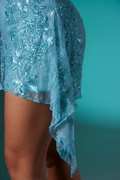 Embellished Lace Bandeau Mini Dress In Blue