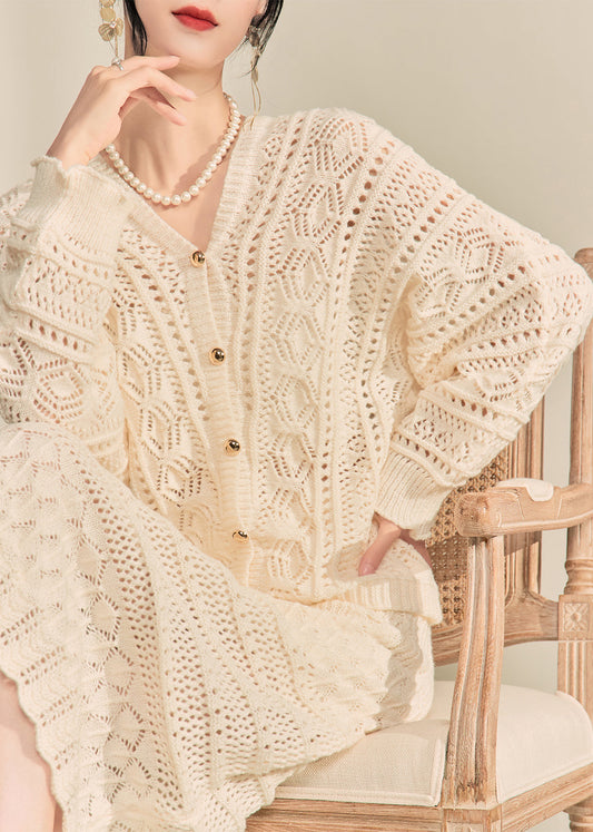 Casual Apricot V Neck Button Knit Cardigans And Maxi Skirts Two Pieces Set Fall
