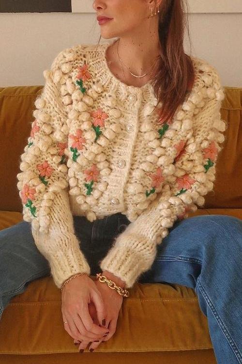 Floral Pearl Button Cardigan-Beige