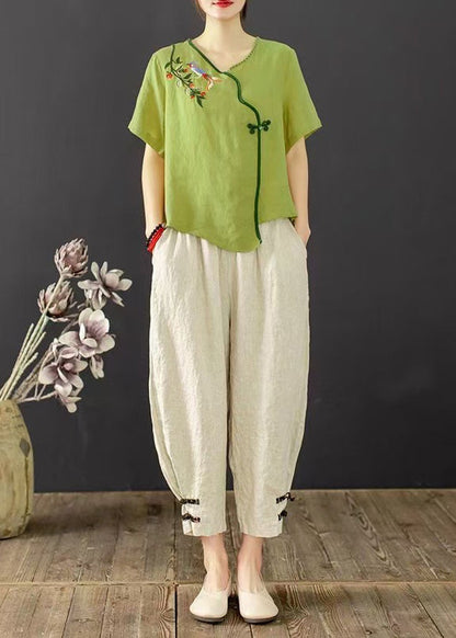 Grass Green Oriental Two Piece Suit Set Embroidered Summer