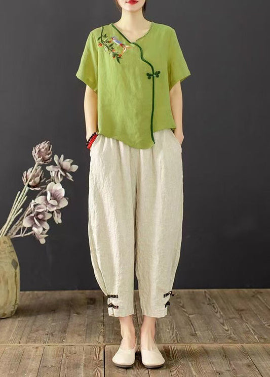 Grass Green Oriental Two Piece Suit Set Embroidered Summer