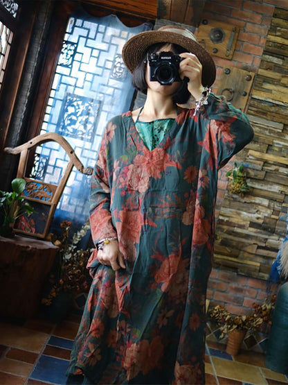 Women Vintage Floral Print V-Neck Loose Dress