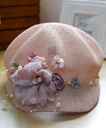 Original New Pink Grass Weaving Breathable Pearl Flower Hat