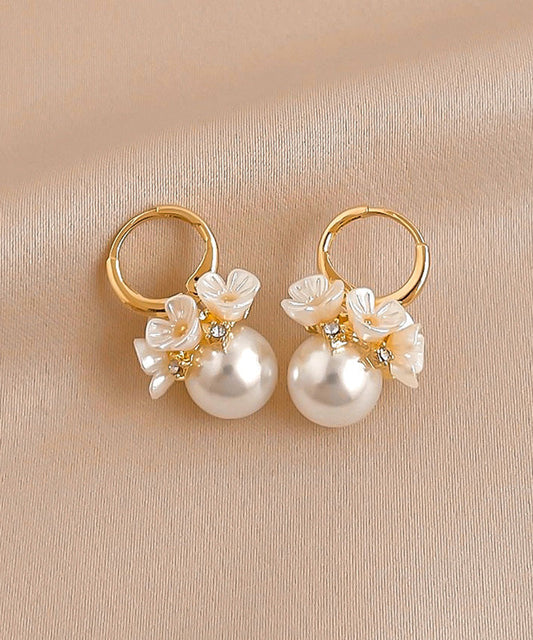 2025 New Gold Copper Alloy Zircon Pearl Floral Hoop Earrings
