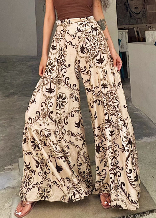 Chic Apricot Print Pockets Cotton Wide Leg Pants Summer