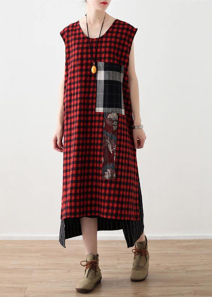 DIY plaid patchwork linen cotton Wardrobes Vintage Work Outfits sleeveless A Line summer Dress