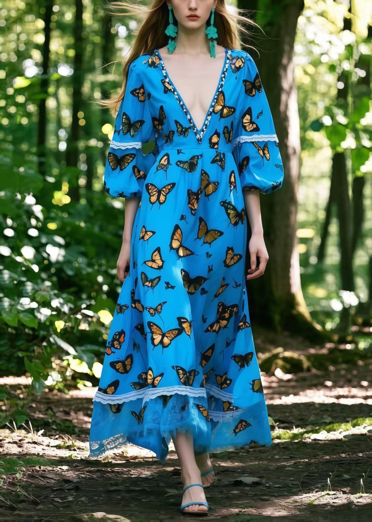 French Blue Deep-V Neck Print Cotton Long Dresses Lantern Sleeve
