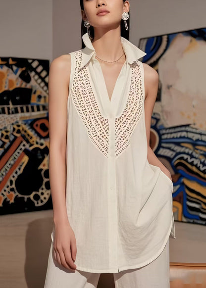 Bohemian White V Neck Hollow Out Cotton Top Sleeveless