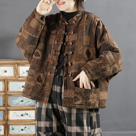 Winter Retro Floral Cotton Linen Quilted Coat Plus Size