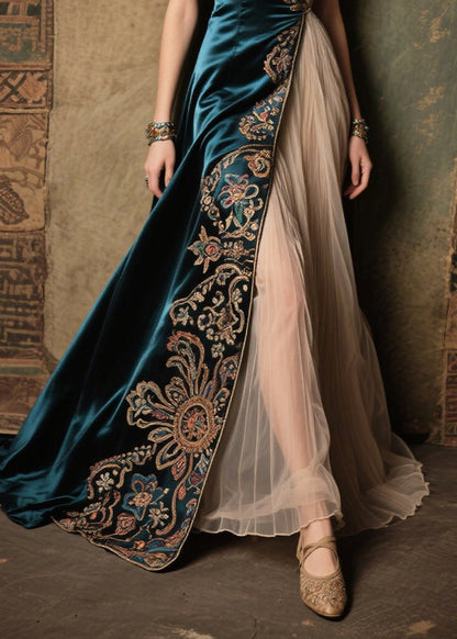 Bohemian Peacock Blue Jacquard Tulle Patchwork Silk Dress Summer