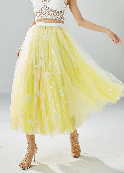 Chic Yellow Dandelion Embroideried Wear On Both Sides Tulle Skirts Summer