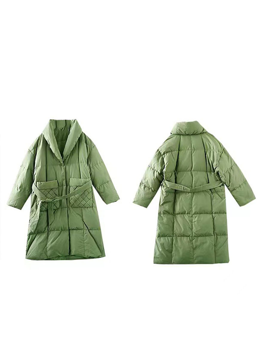 Women Winter Vintage Solid Drawstring Pocket Down Coat