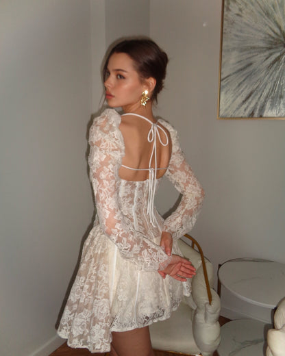 Sexy Long Sleeve Low-Cut Lace Mini Skirt