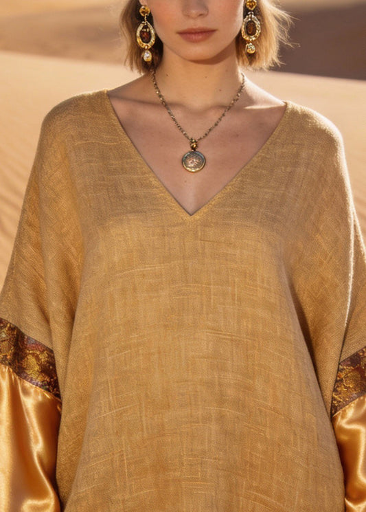 Vintage Earth Yellow V Neck Print Silk Patchwork Linen Mini Dresses Spring