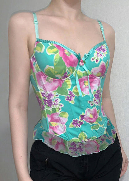 Bohemian Green Print Tulle Patchwork Spaghetti Strap Tank Sleeveless