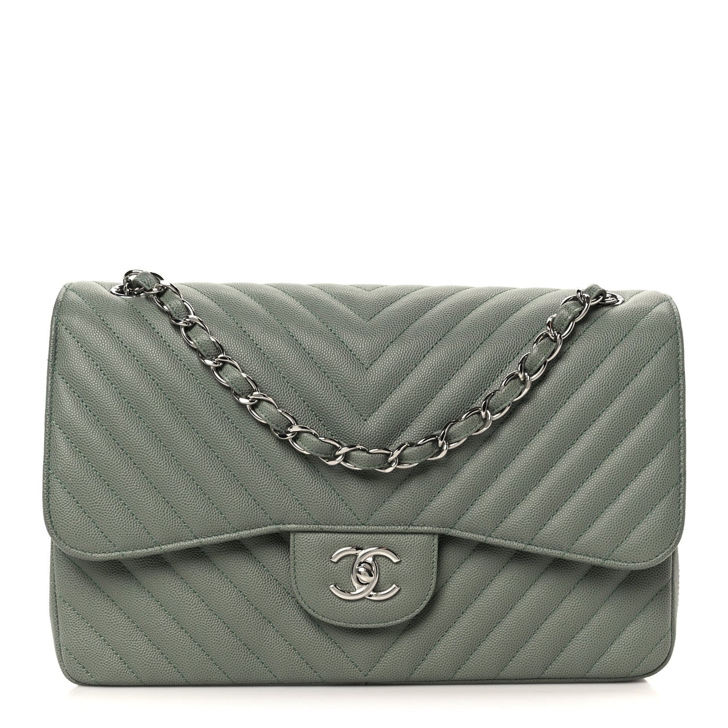 Caviar Chevron Quilted Jumbo Double Flap Green