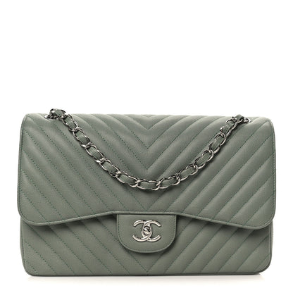 Caviar Chevron Quilted Jumbo Double Flap Green