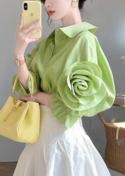 Floral Green Peter Pan Collar Button Cotton Blouses Half sleeve