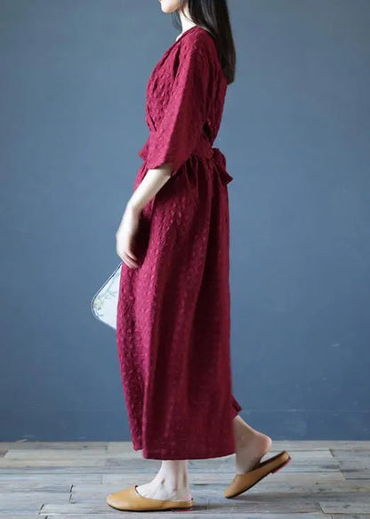 Chic v neck tie waist linen clothes For Women Runway burgundy Dress