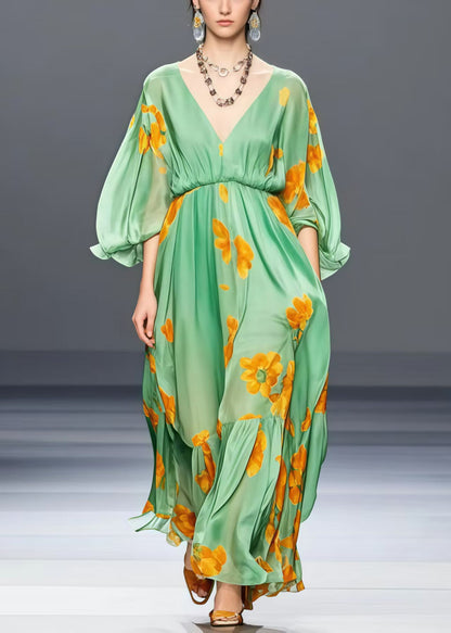 Loose Grass Green V Neck Floral Silk Long Dress Lantern Sleeve