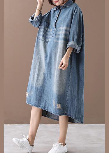 Women lapel Hole  outfit Shape denim blue Dresses