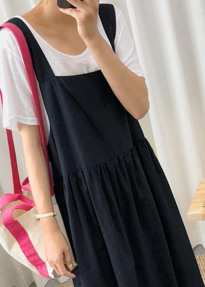 2021 Style Spaghetti Strap Cinched linen cotton clothes For Women Sewing black Dress