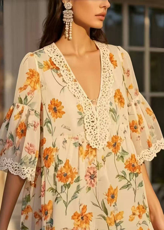 Plus Size Beige Print Patchwork Lace Chiffon Day Dress Summer
