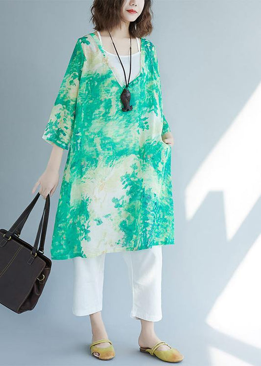 Organic Green Print Shirts V Neck Pockets  Blouses