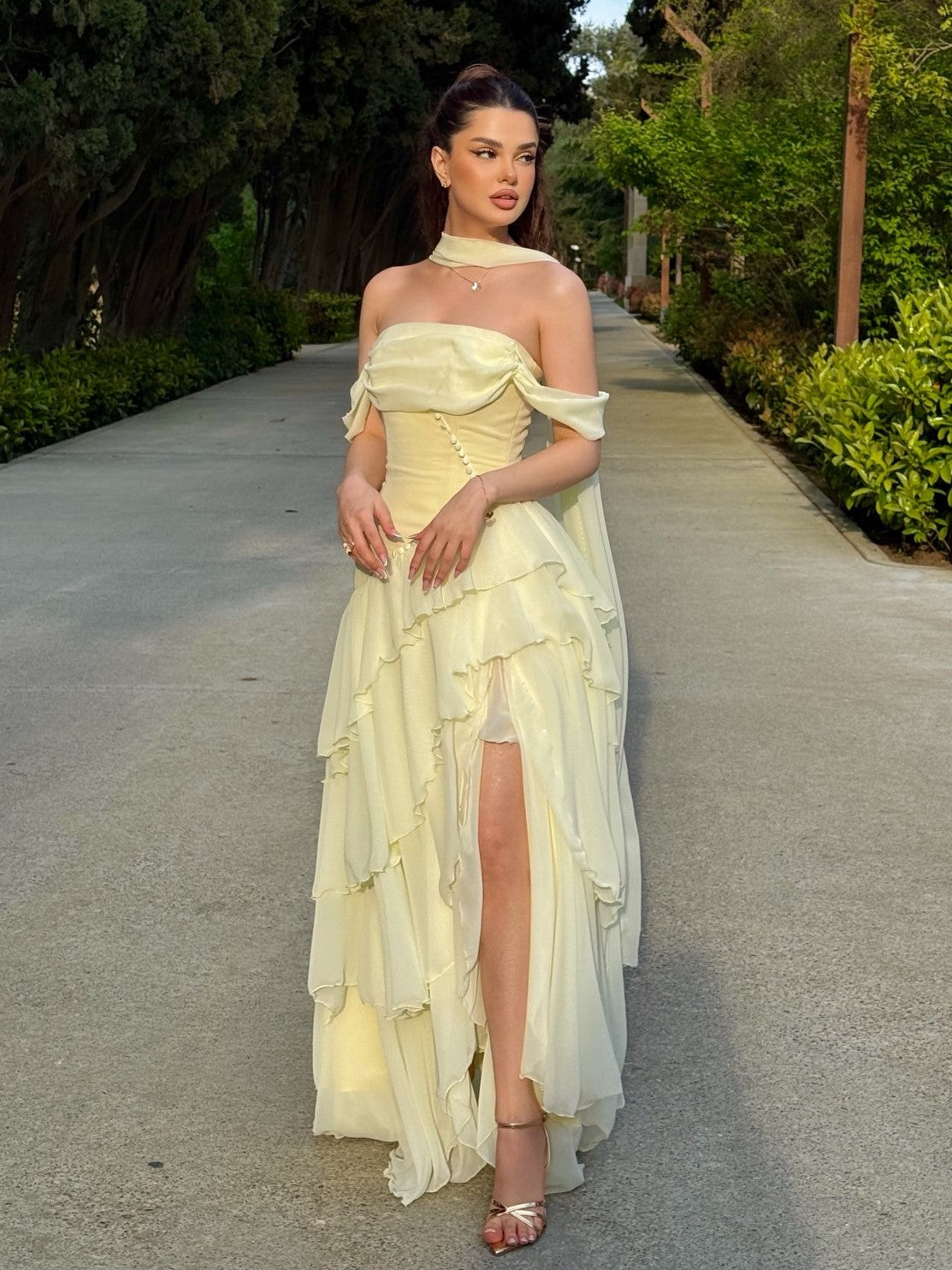 Pale Yellow Tiered Flowy Strapless Evening Gown