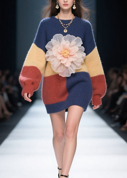DIY Colorblock O Neck Floral Patchwork Knitwear Dress Fall