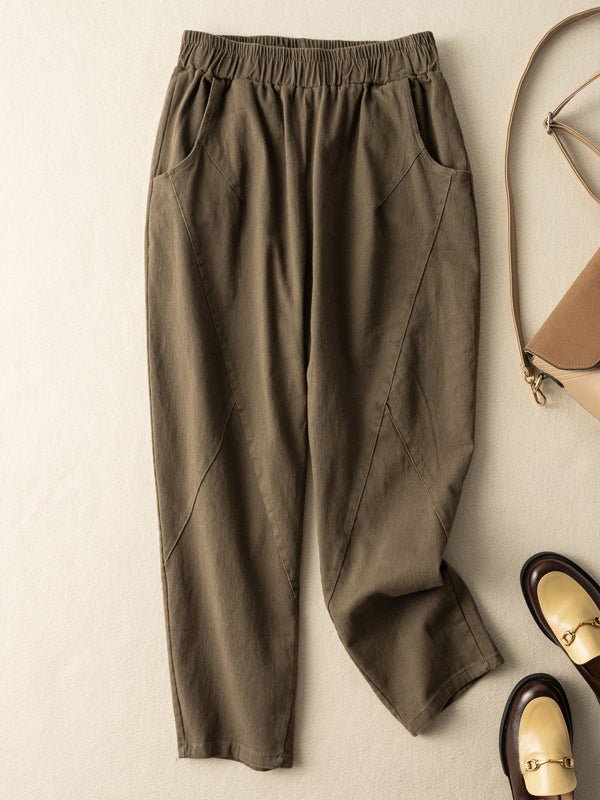 100% Natural Fabric Loose Ninth Pants With Pocket In Solid Color