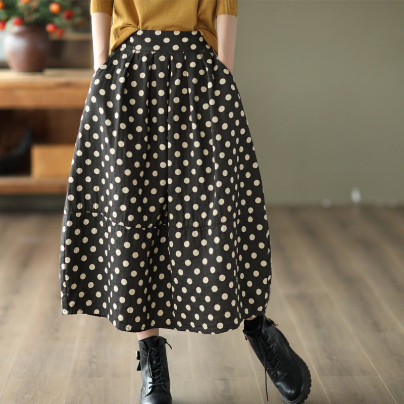 Vintage Printed Cotton And Linen Slim Elastic Waist A-Line Skirt