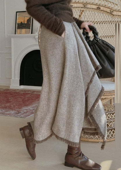 Elegant Asymmetrical Knitted Cotton Sweaters And Maxi Skirts Two Pieces Set Winter