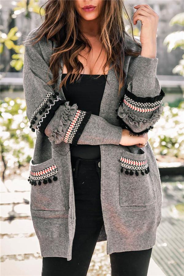 Boho Cording Knitted Cardigan - Gray