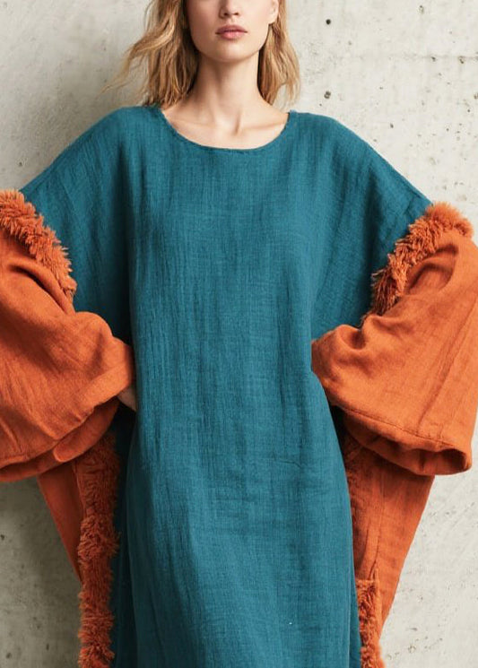 Vintage Peacock Blue Oversized Patchwork Faux Fur Dresses Fall