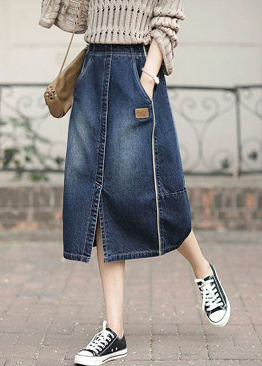 Fashion Denim Blue High Waist Pockets Patchwork Side Open Cotton Skirts Cozy