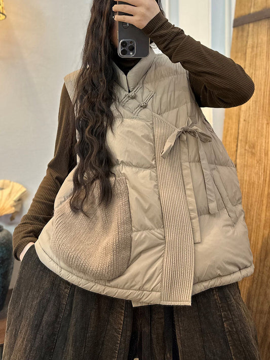Women Solid Patchwork Drawstring  Down Fabric Waistcoat