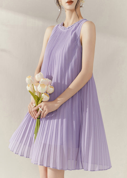 Boho Purple O-Neck Wrinkled Chiffon Mid Dress Summer
