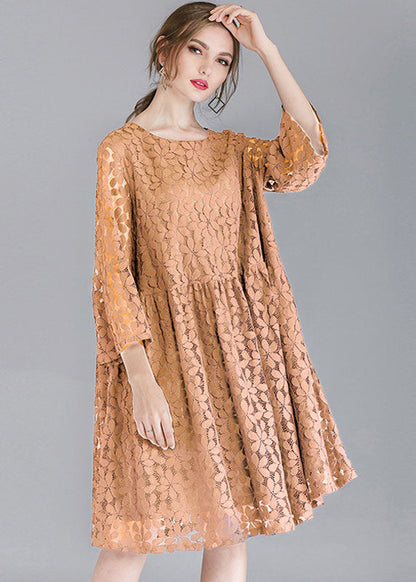 Simple Pink Khaki O-Neck Solid Color Lace Party Dresses Bracelet Sleeve