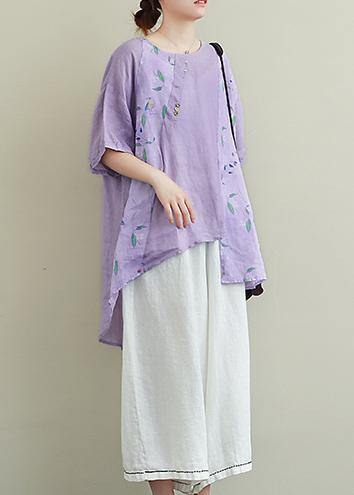 Literature and art ramie purple printed T-shirt female loose cotton blend nine points wide leg pants two-piece suit