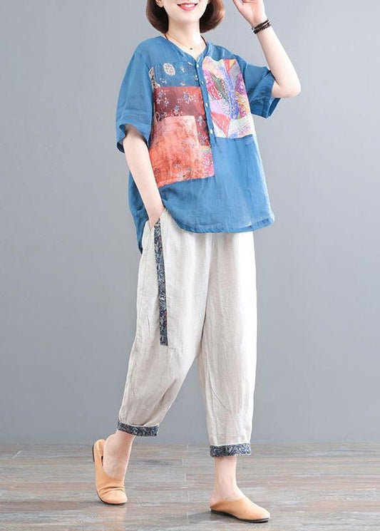 Lake Blue Print Linen Two Piece Set Oversized Summer